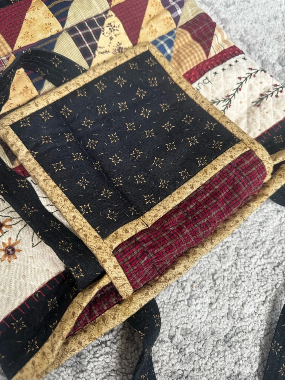 Handmade Primitive Patchwork Quilted Tote Bag Embroidered Folk Art